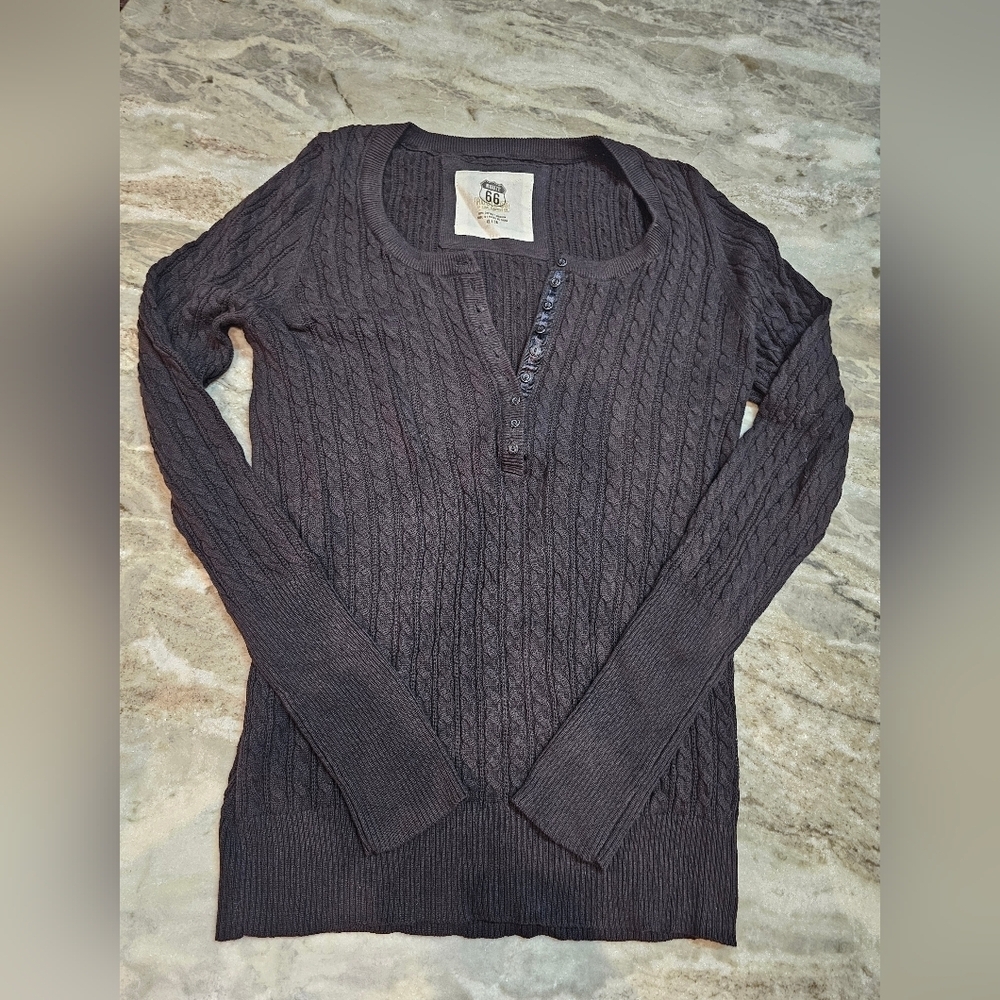 Route 66 Cable Knit Henley Sweater 100% Cotton Long Sleeve Charcoal Gray Size XL